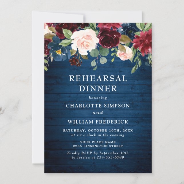 Burgundy Navy Blue Blush Flowers REHEARSAL  DINNER Invitation (Front)