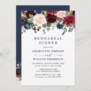 Burgundy Navy Blue Blush Flowers REHEARSAL  DINNER Invitation