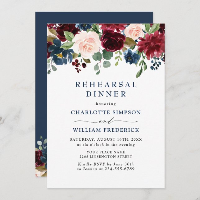 Burgundy Navy Blue Blush Flowers REHEARSAL  DINNER Invitation (Front/Back)