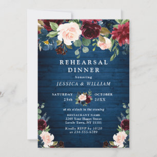 Burgundy Navy Blue Blush Flowers REHEARSAL DINNER Invitation