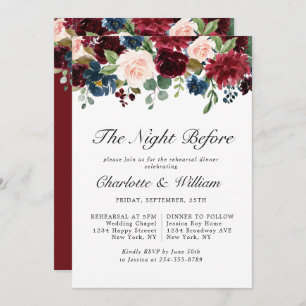 Burgundy Navy Blue Blush Flowers REHEARSAL  DINNER Invitation