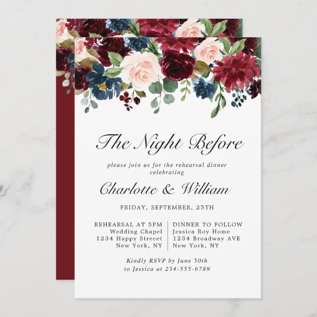 Burgundy Navy Blue Blush Flowers REHEARSAL  DINNER Invitation (Front/Back)