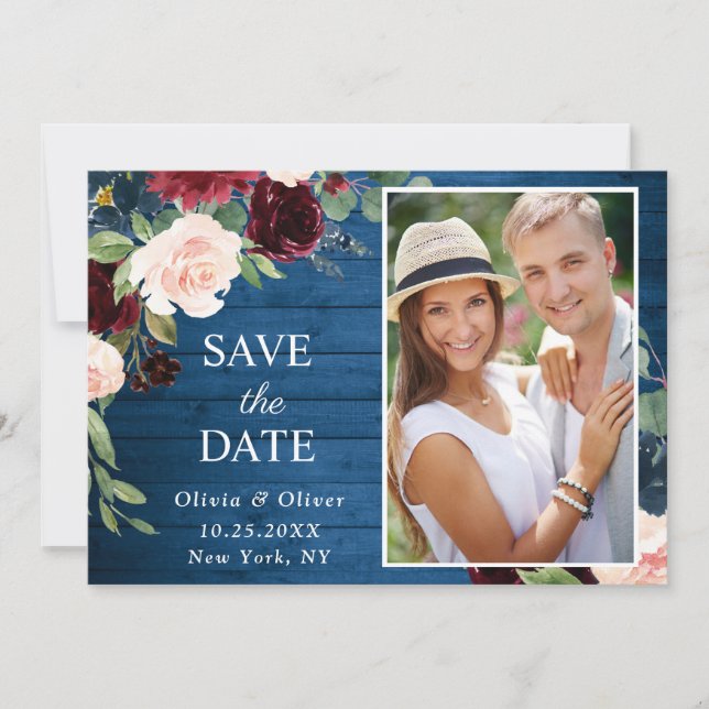 Burgundy Navy Blue Blush PHOTO Floral Wedding Save The Date (Front)