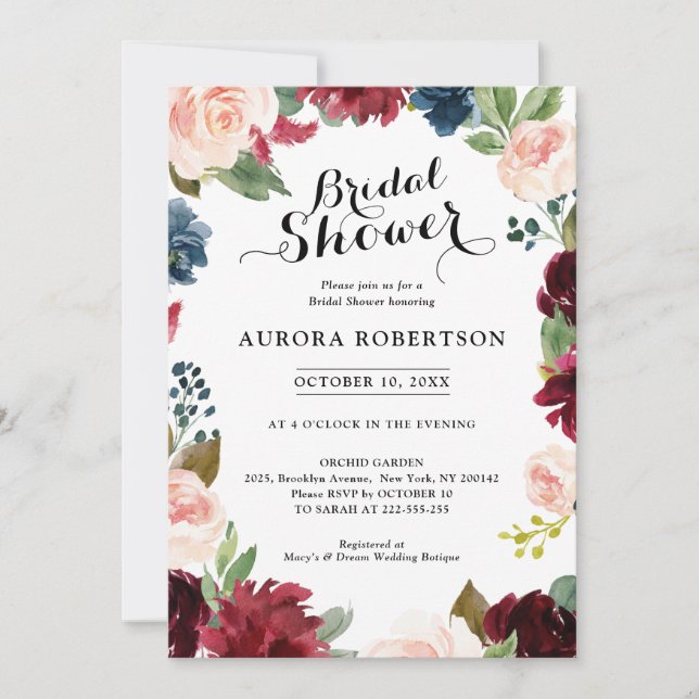 Burgundy Navy Blue Blush Rose Boho Bridal Shower Invitation (Front)