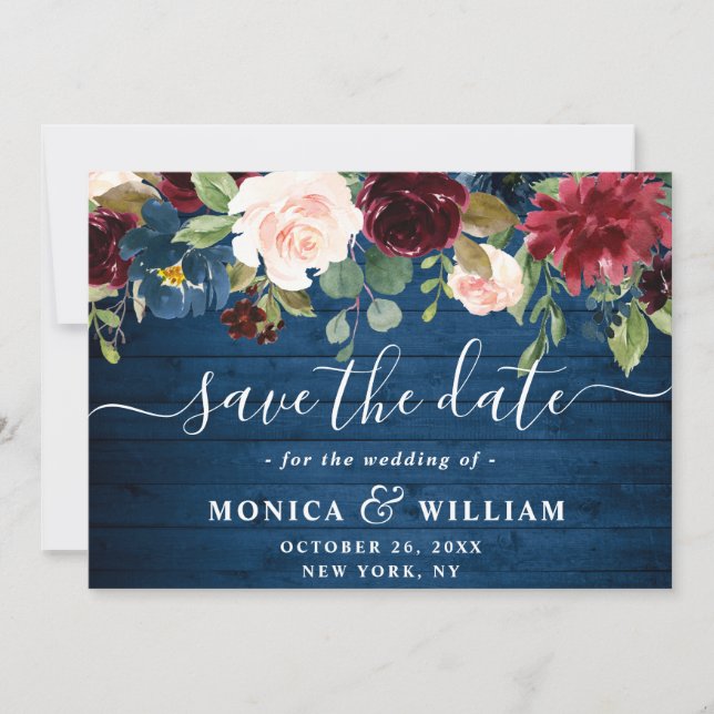 Burgundy Navy Blue Blush Rustic Floral Wedding Save The Date (Front)