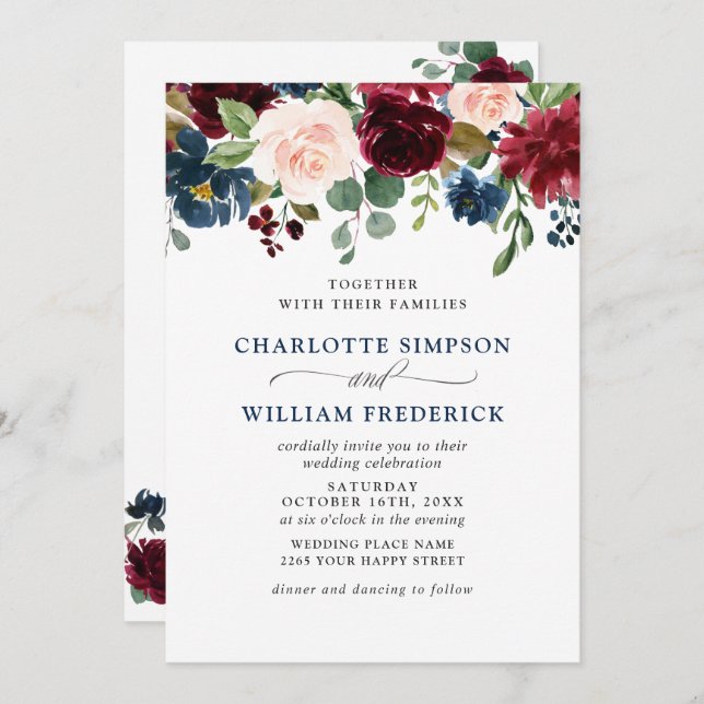 Burgundy Navy Blue Blush Watercolor Floral Wedding Invitation (Front/Back)