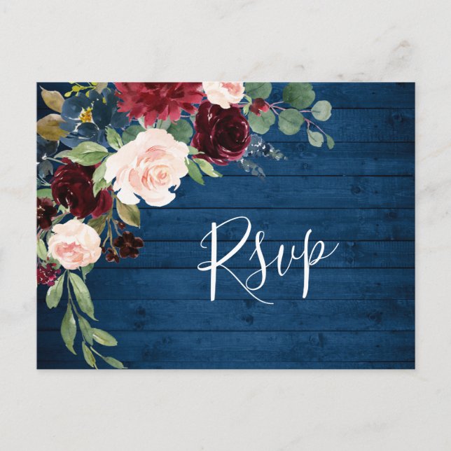 Burgundy Navy Blue Blush Watercolor Wedding RSVP Postcard (Front)