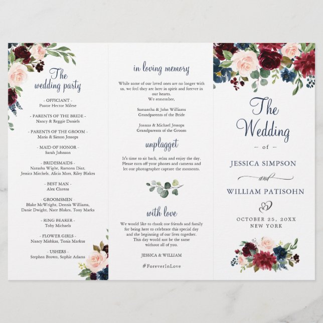 Burgundy Navy Blue Blush Wedding Ceremony Program (Front)