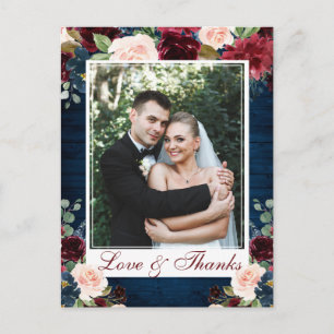 Burgundy Navy Blue Blush Wedding Photo Thank You Postcard