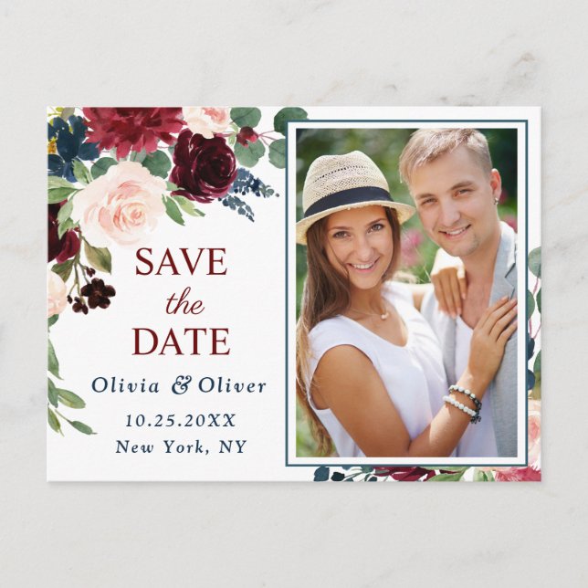 Burgundy Navy Blue Blush Wedding Save the Date Announcement Postcard (Front)