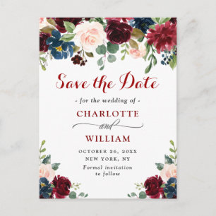 Burgundy Navy Blue Blush Wedding  Save the Date Postcard