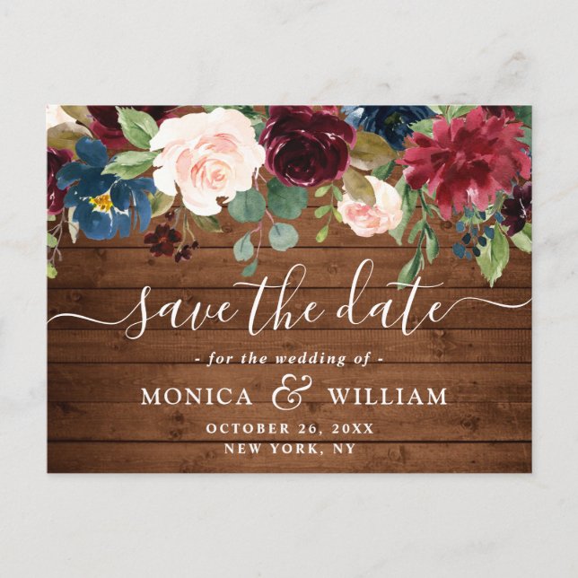Burgundy Navy Blue Blush Wedding  Save the Date Postcard (Front)