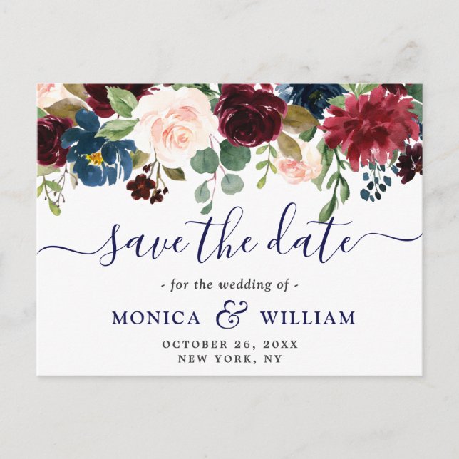 Burgundy Navy Blue Blush Wedding  Save the Date Postcard (Front)