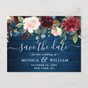 Burgundy Navy Blue Blush Wedding  Save the Date Postcard