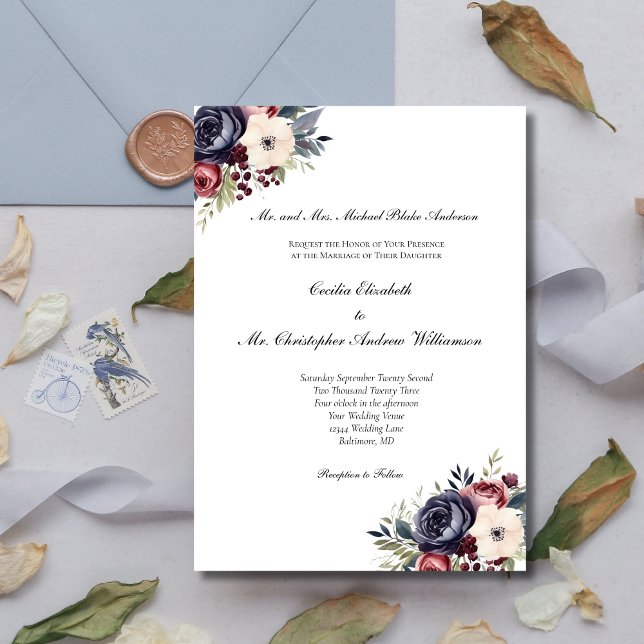 Burgundy Navy Blue Cream Floral Formal Wedding Invitation (Burgundy Navy Blue Cream Watercolor Floral Formal Traditional Classic Wedding Invitation)