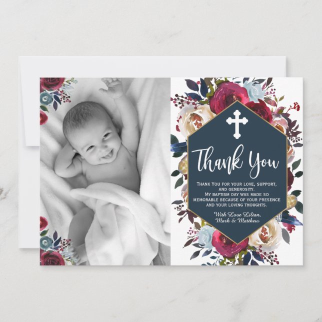 Burgundy Navy Blue Floral Baptism Thank You Cards (Front)
