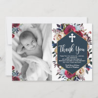 Burgundy Navy Blue Floral Baptism Thank You Cards