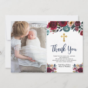 Burgundy Navy Blue Floral Baptism Thank You Cards