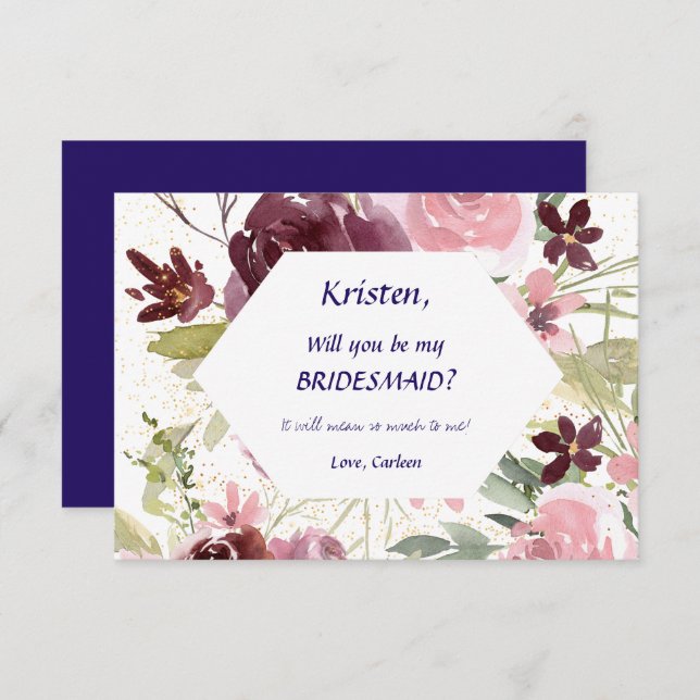 Burgundy Navy Blue Floral Be My Bridesmaid Invitation (Front/Back)