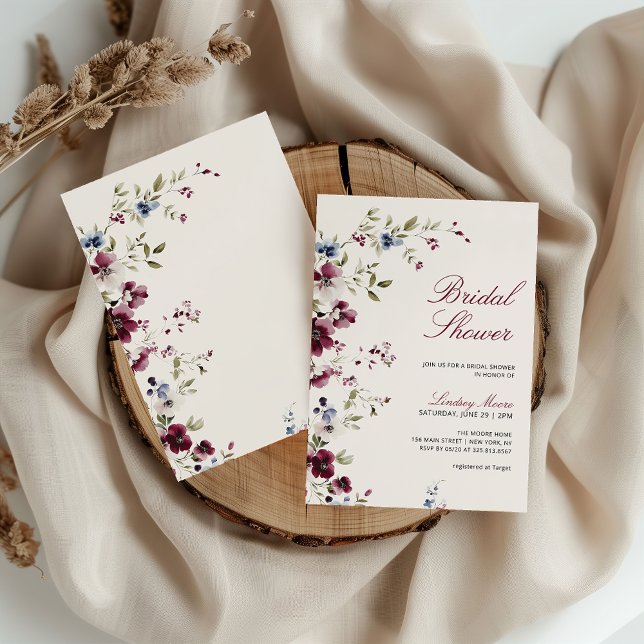 Burgundy Navy Blue Floral Bridal Shower Invitation (Creator Uploaded)