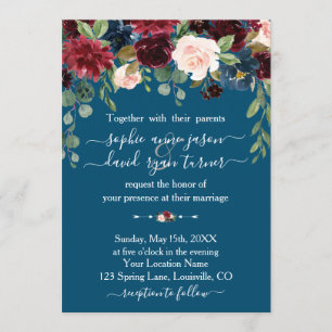 Burgundy Navy Blue Floral Calligraphy Wedding Invitation