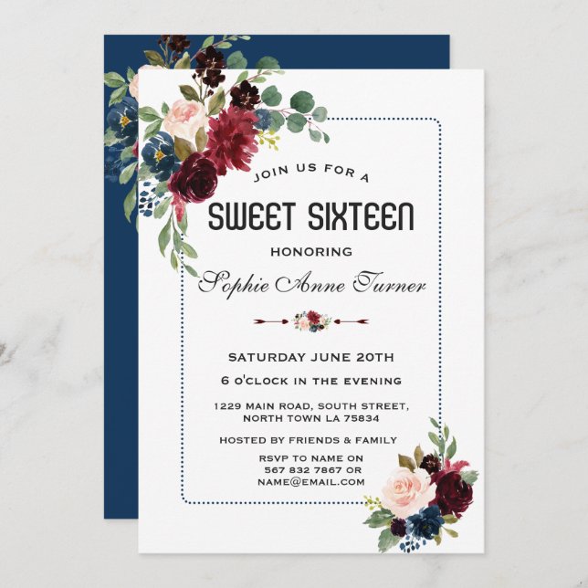 Burgundy Navy Blue Floral Dotted Frame Sweet 16 Invitation (Front/Back)
