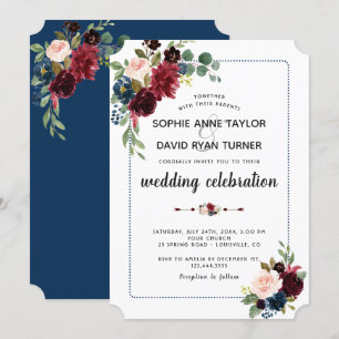 Burgundy Navy Blue Floral Dotted Frame Wedding Invitation