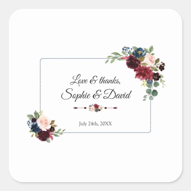Burgundy Navy Blue Floral Dotted Frame Wedding Square Sticker (Front)