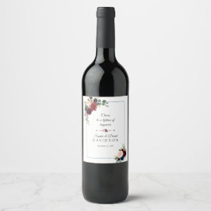 Burgundy Navy Blue Floral Dotted Frame Wedding Wine Label