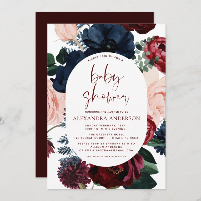 Burgundy Navy Blue Floral Eucalyptus Baby Shower I Invitation (Front/Back)