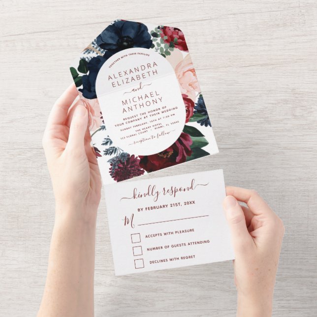 Burgundy Navy Blue Floral Eucalyptus Wedding All In One Invitation (Tearaway)