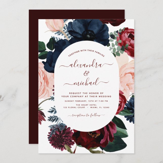Burgundy Navy Blue Floral Eucalyptus Wedding Invit Invitation (Front/Back)
