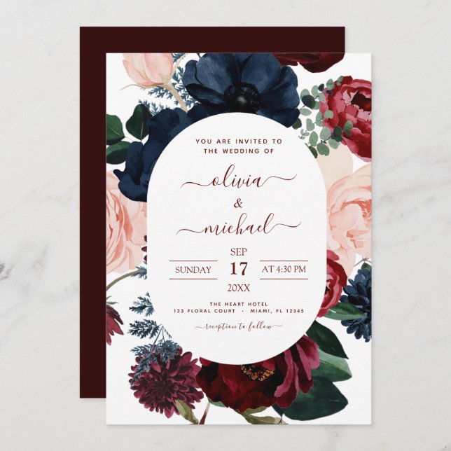 Burgundy Navy Blue Floral Eucalyptus Wedding Invitation (Front/Back)