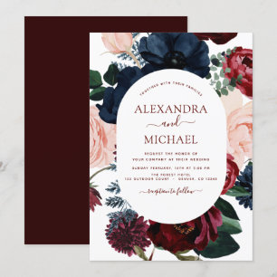 Burgundy Navy Blue Floral Eucalyptus Wedding Invitation