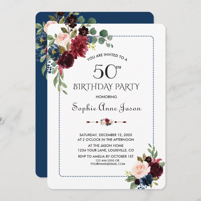 Burgundy Navy Blue Floral Frame 50th Birthday Invitation (Front/Back)