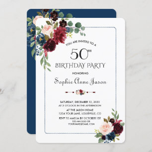 Burgundy Navy Blue Floral Frame 50th Birthday Invitation