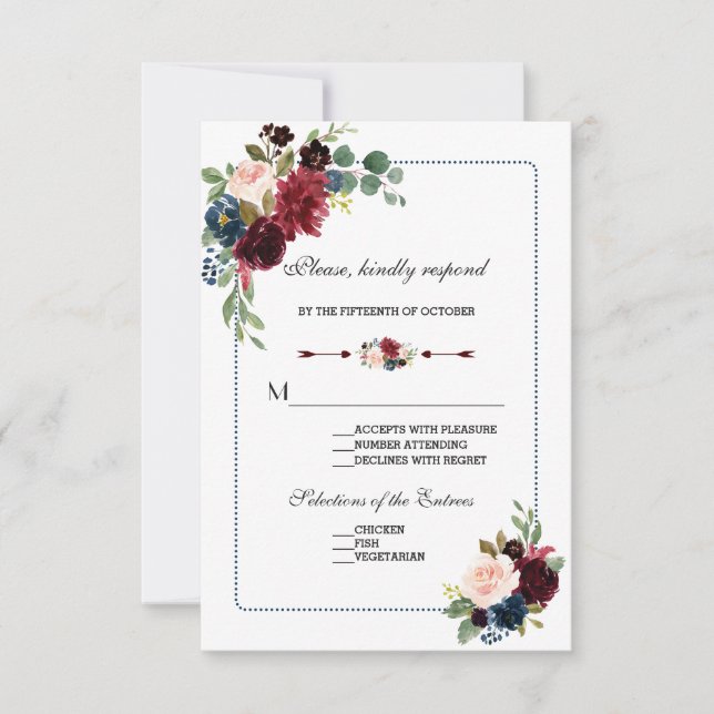 Burgundy Navy Blue Floral Frame Wedding RSVP Card (Front)