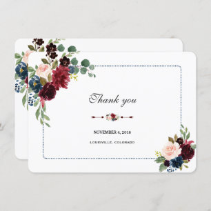 Burgundy Navy Blue Floral Frame Wedding Thank you Invitation