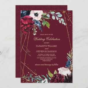 Burgundy Navy Blue Floral Geometric Wedding Invitation