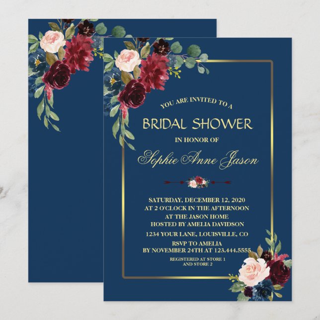 Burgundy Navy Blue Floral Gold Frame Bridal Shower Invitation (Front/Back)