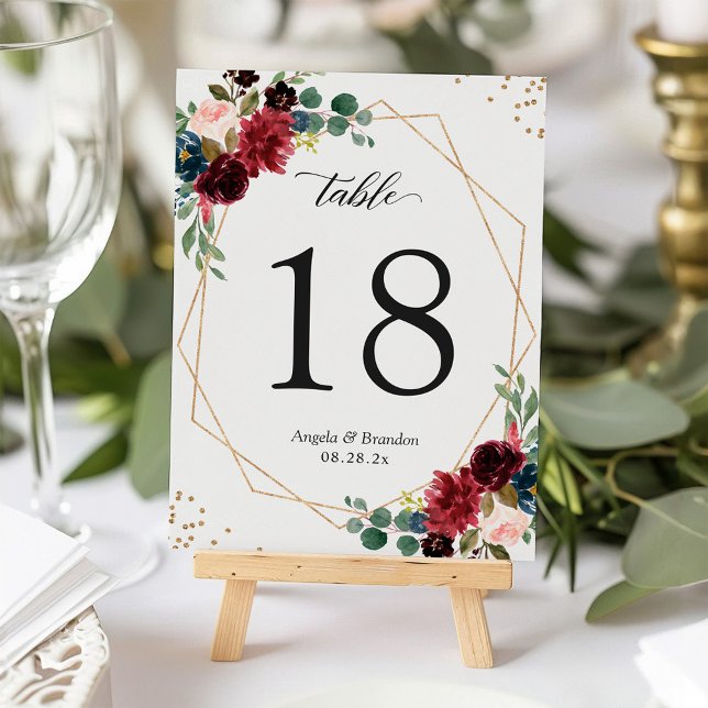 Burgundy Navy Blue Floral Gold Geometric Wedding Table Number (Creator Uploaded)