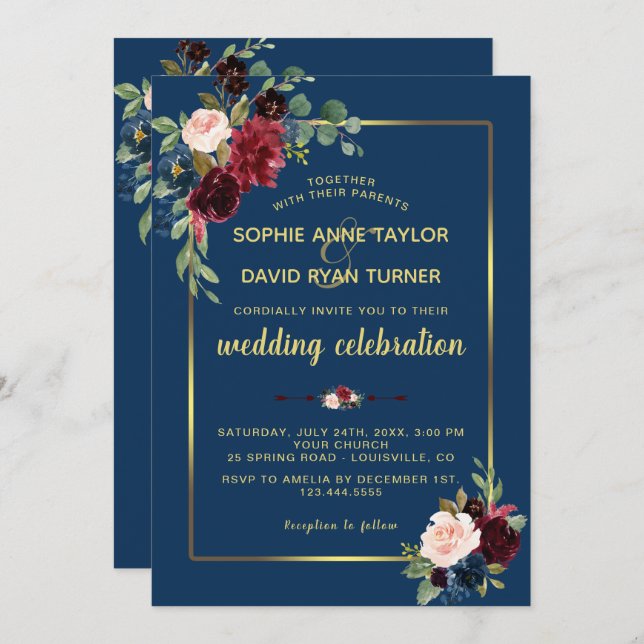 Burgundy Navy Blue Floral Golden Frame Wedding Invitation (Front/Back)