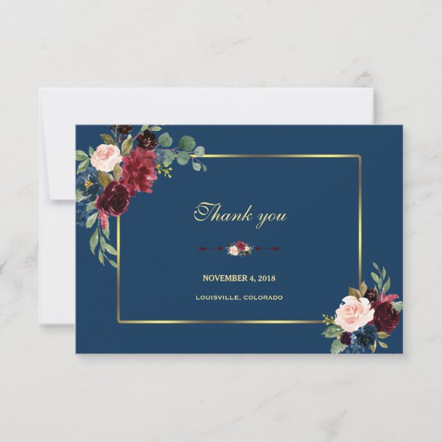 Burgundy Navy Blue Floral Golden Frame Wedding Thank You Card (Front)