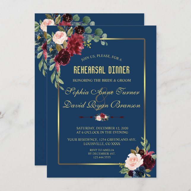 Burgundy Navy Blue Floral Golden Rehearsal Dinner Invitation (Front/Back)