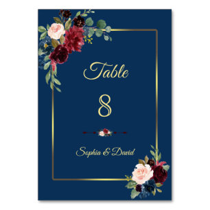 Burgundy Navy Blue Floral Golden Wedding Table Number
