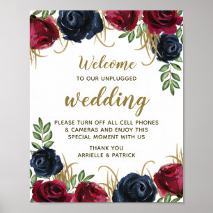Burgundy Navy Blue Floral Unplugged Wedding Sign