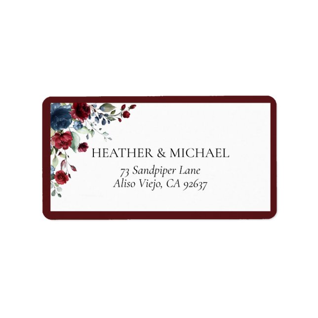 Burgundy Navy Blue Floral Watercolor Address Label (Front)