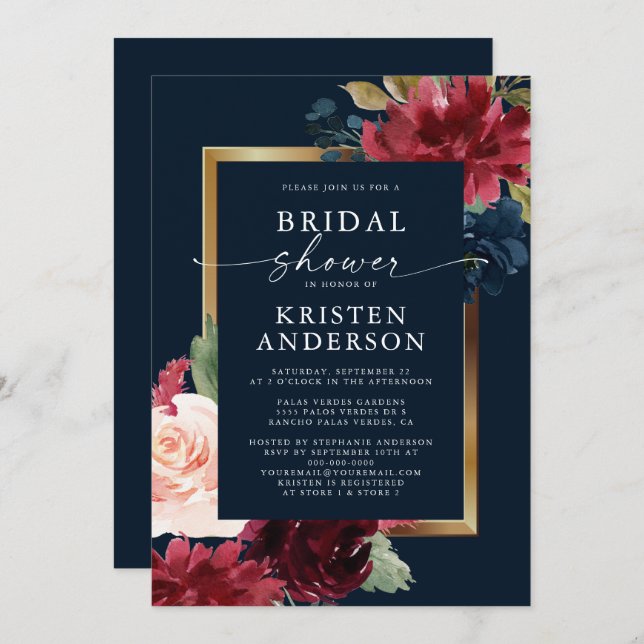 Burgundy Navy Blue Floral Watercolor Bridal Shower Invitation (Front/Back)