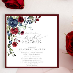 Burgundy Navy Blue Floral Watercolor Bridal Shower Invitation