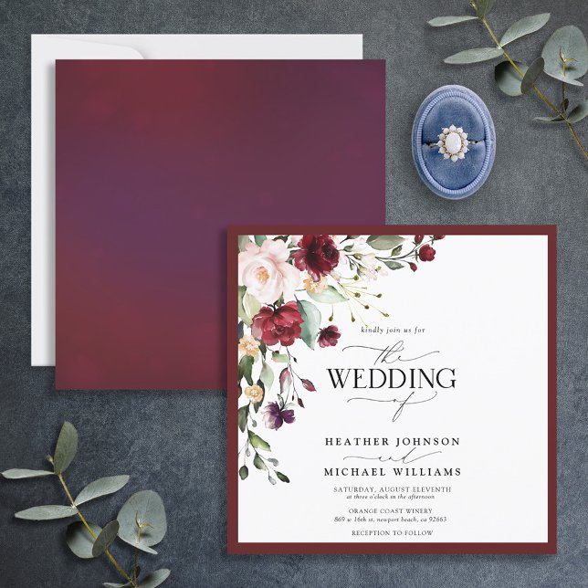 Burgundy Navy Blue Floral Watercolor Script Invitation (Creator Uploaded)